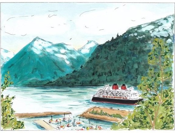 A watercolor painting of a lake surrounded by mountains with snow-capped peaks, a cruise ship on the water, and a small dock with boats in the foreground. Green trees frame the scene.
