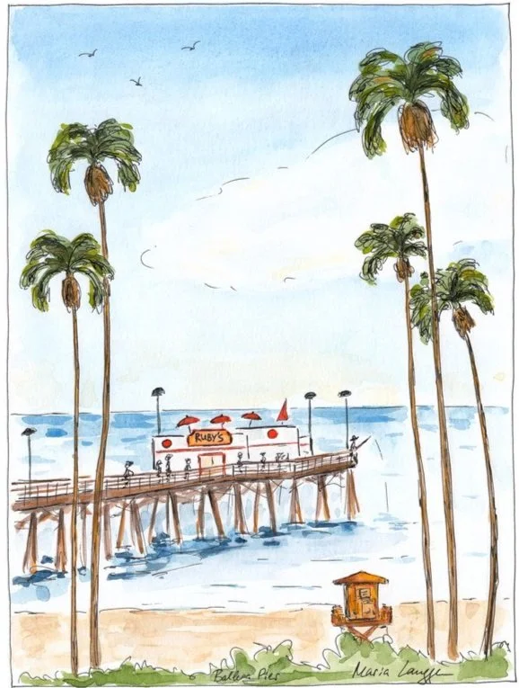 A watercolor illustration of a beach scene featuring tall palm trees, a wooden pier extending into the ocean, with a small building named 'Ruby's' on the pier, red umbrellas, and a clear blue sky with birds flying.