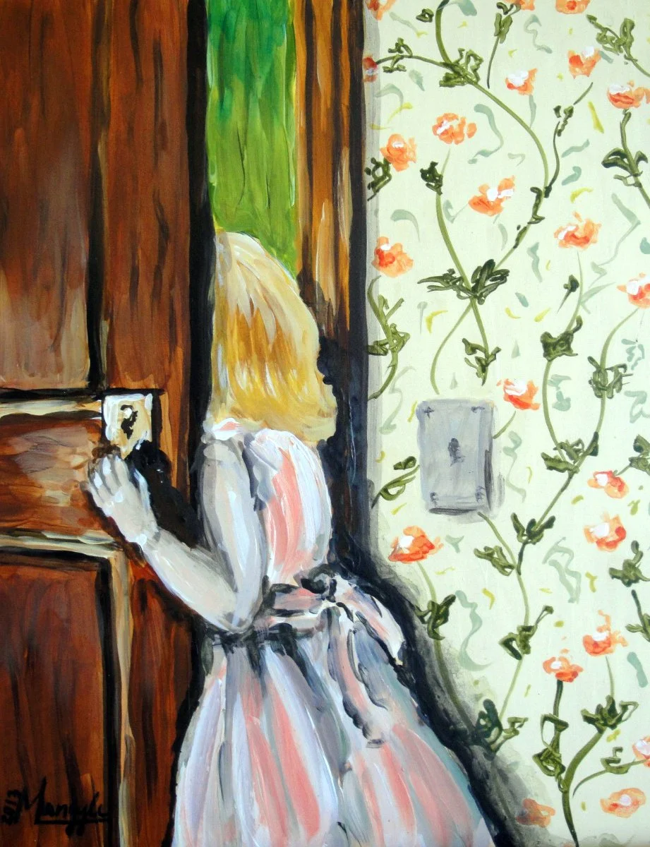 A painting of a young girl with blonde hair, wearing a white dress with pink and black accents, standing in front of a brown wooden cabinet, touching a light switch on the wall adorned with floral wallpaper.