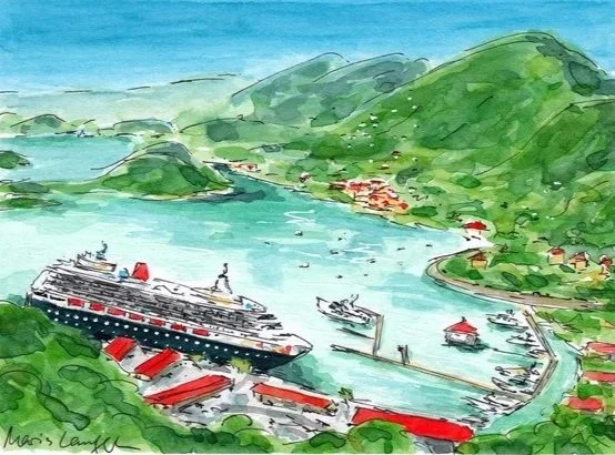 Watercolor painting of a harbor surrounded by green hills, with cruise ships and boats docked, along with red-roofed buildings.