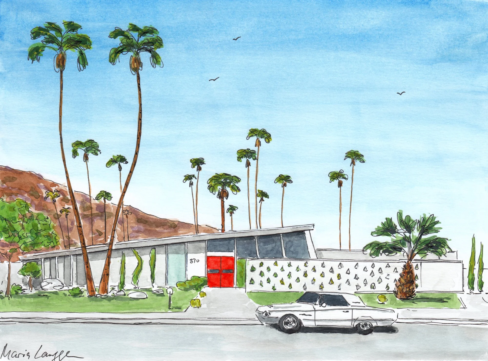 A watercolor illustration of a modern single-story house with large glass windows, a sloped roof, and a prominent red door. Tall palm trees and various green shrubs surround the house. A vintage white car is parked on the street in front, and a hillside is visible in the background under a blue sky.