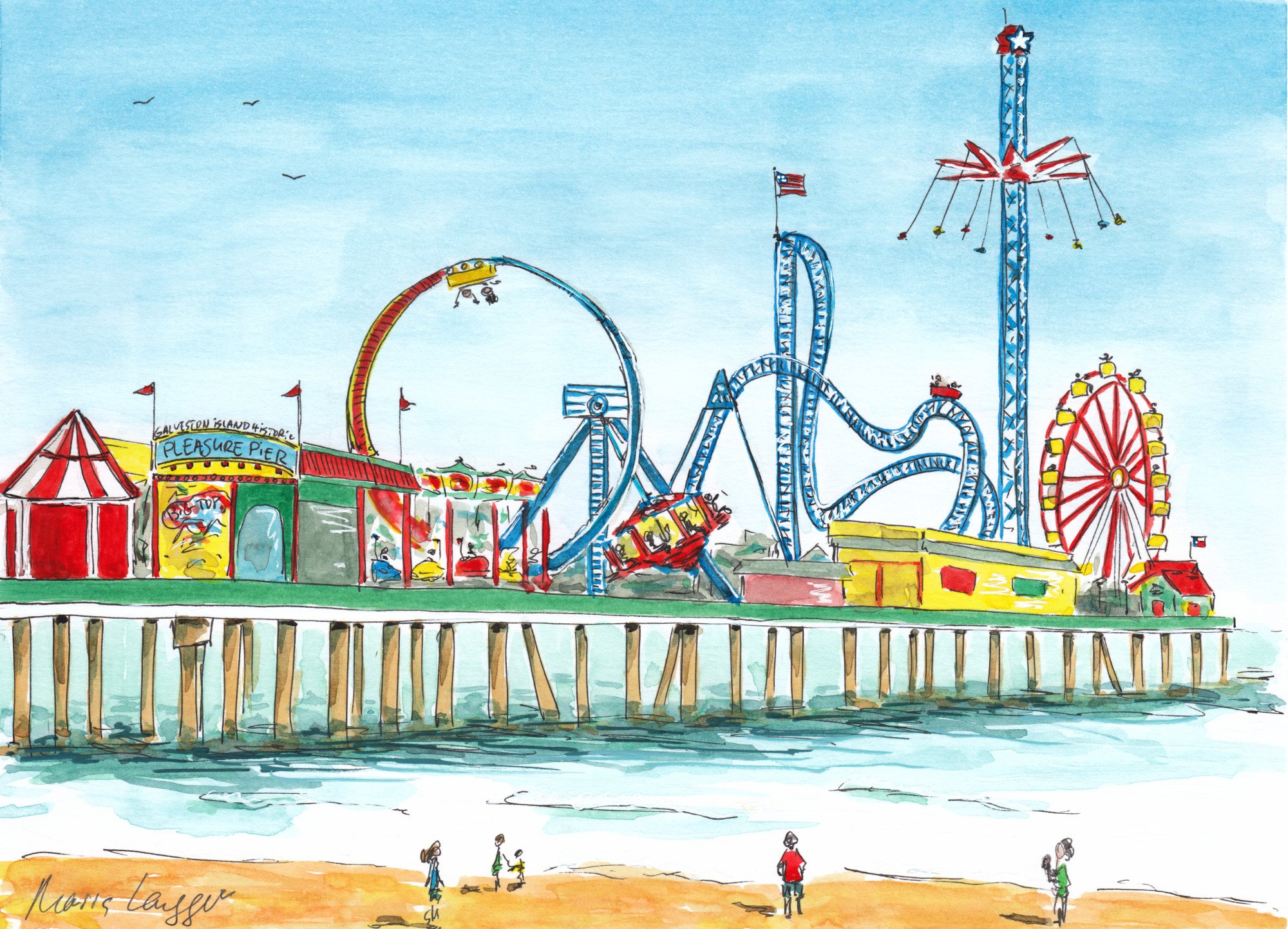 A colorful watercolor illustration of a seaside amusement park called Pleasure Pier with rides including a roller coaster, Ferris wheel, and drop tower, on a pier over water, with a few people walking on the beach.