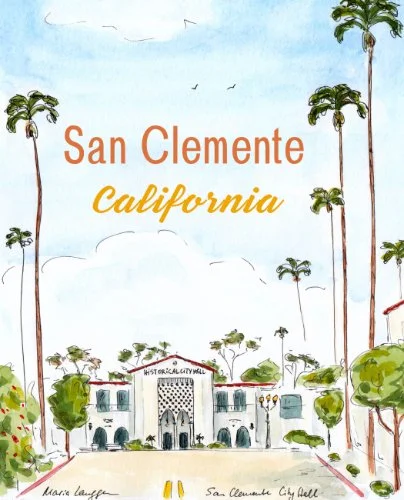 A watercolor illustration of San Clemente, California, featuring the city hall building surrounded by tall palm trees, with a blue sky and clouds overhead.