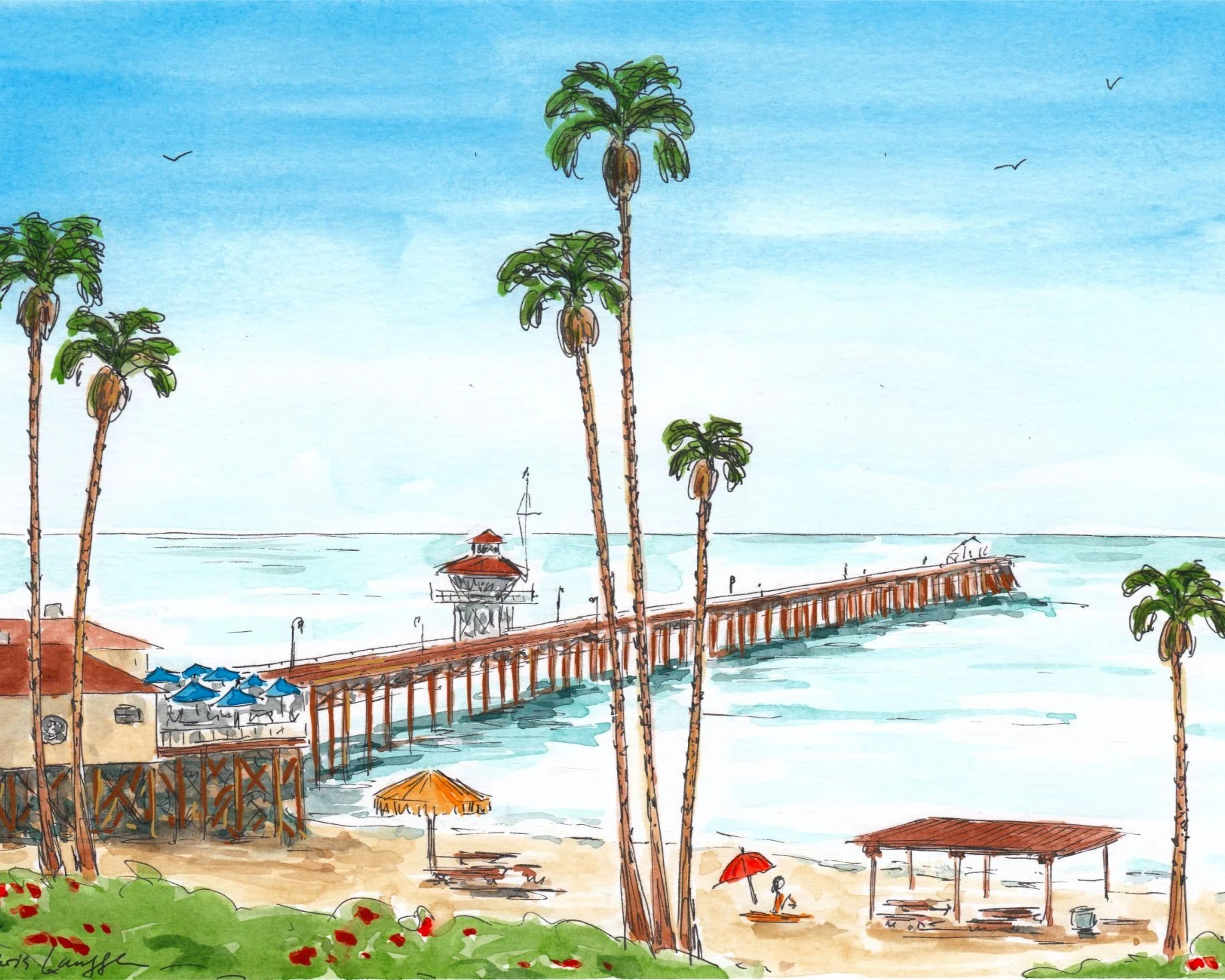 Watercolor painting of a beach scene with a pier extending into the ocean, palm trees, beach umbrellas, and a hammock under a shelter, with a bright blue sky and a few seagulls.