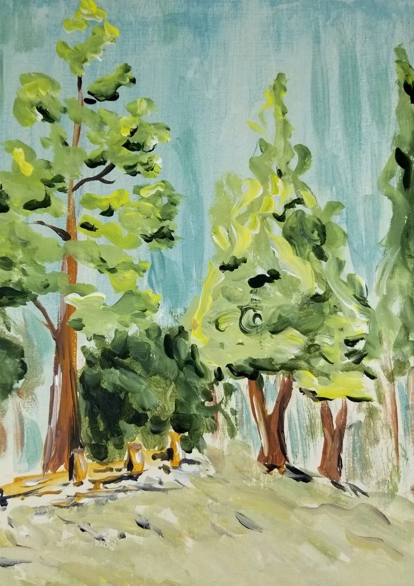 A landscape painting of green trees with a blue sky background.