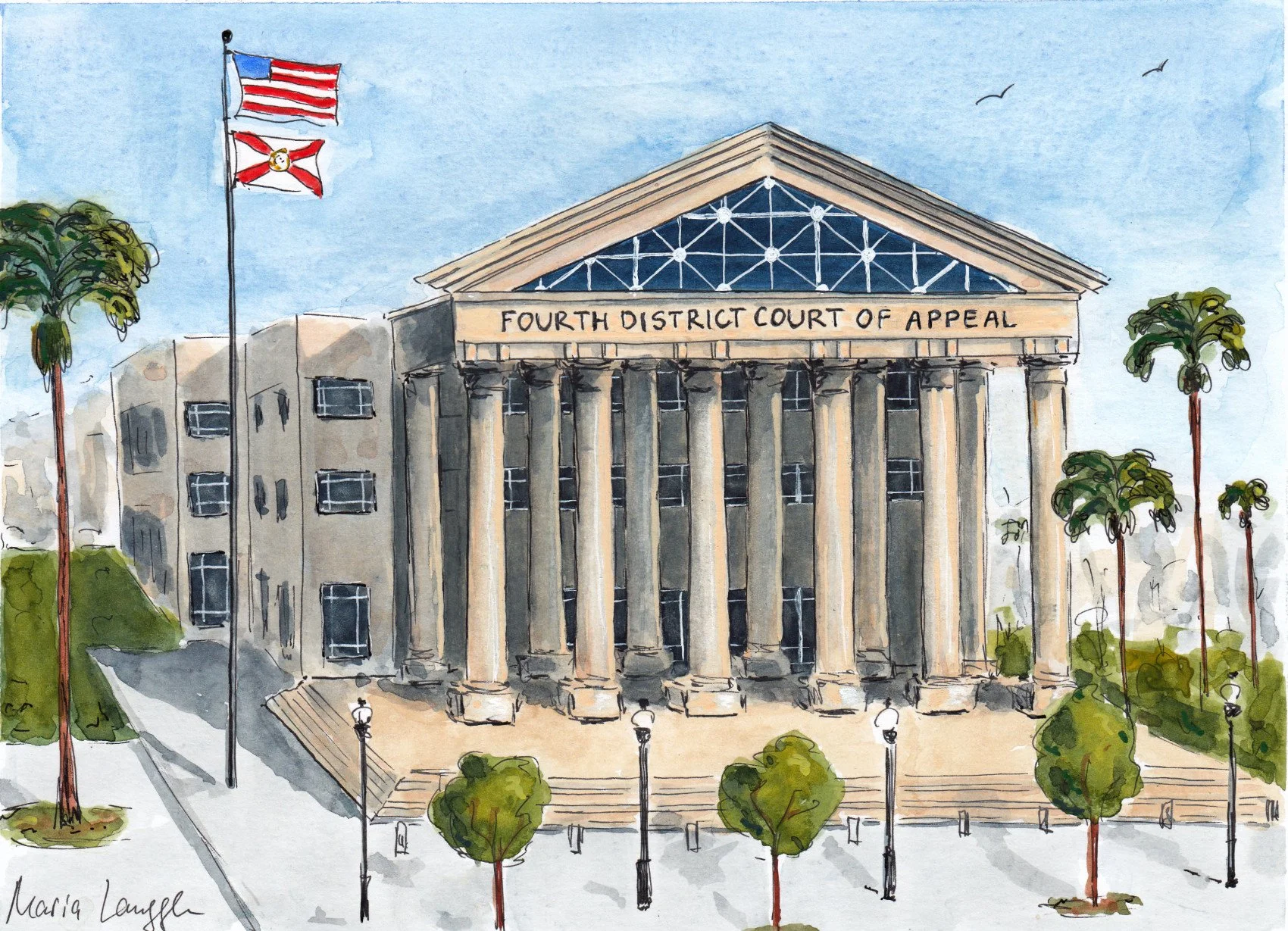A watercolor painting of the Fourth District Court of Appeal building with tall columns and a triangular pediment. There are palm trees, street lamps, and a flagpole with the American flag and a state flag in front. The sky is blue with a few birds flying.