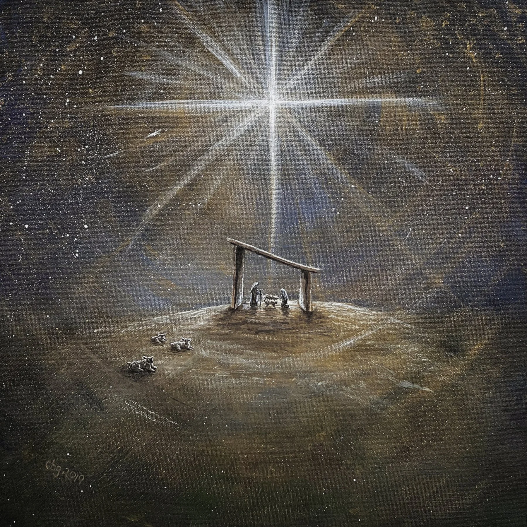 The Holy Nativity featuring the Holy Family in a simple manger on a golden hill surrounded by sheep, under the night sky and the Star of Bethlehem. Original painted reproductions and art prints available.