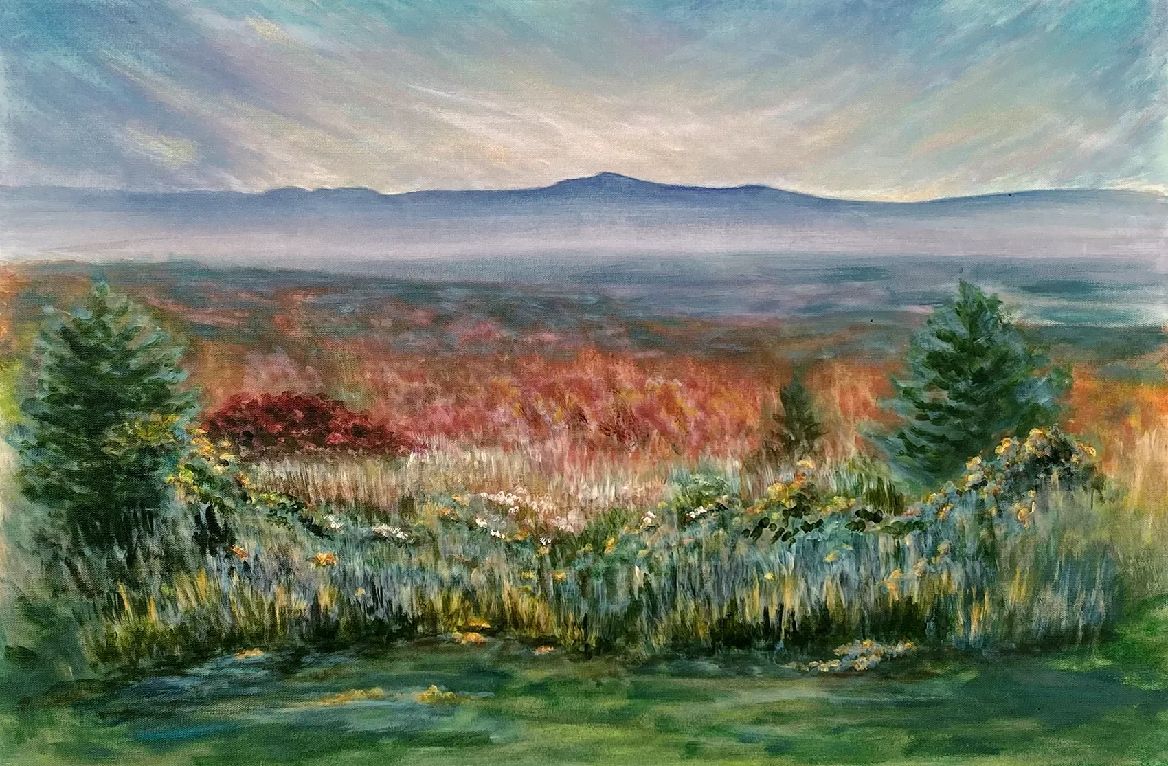 Catskill Mountains and Autumn Field at Sunset