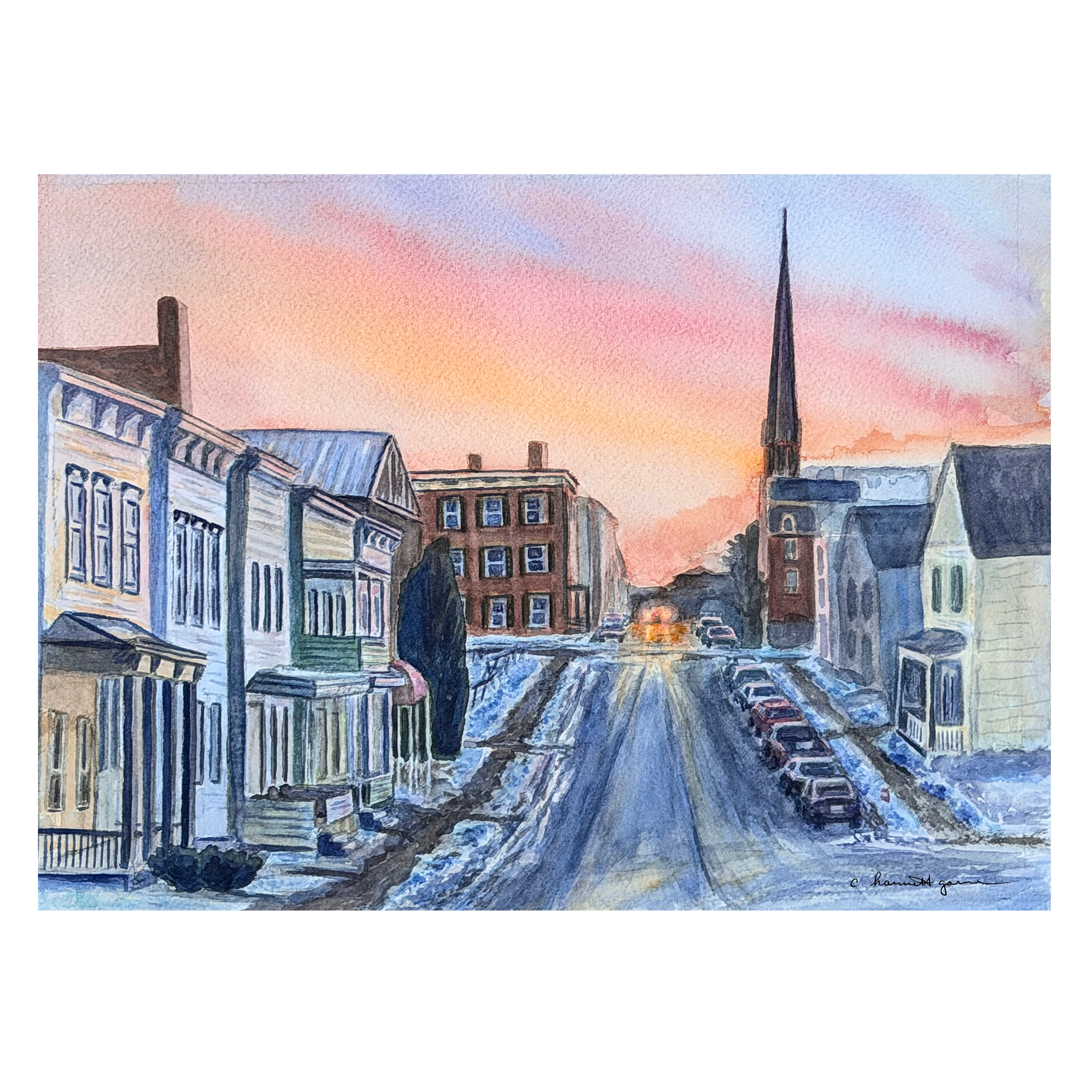 N. 6th Street, Hudson, New York at sunset in winter