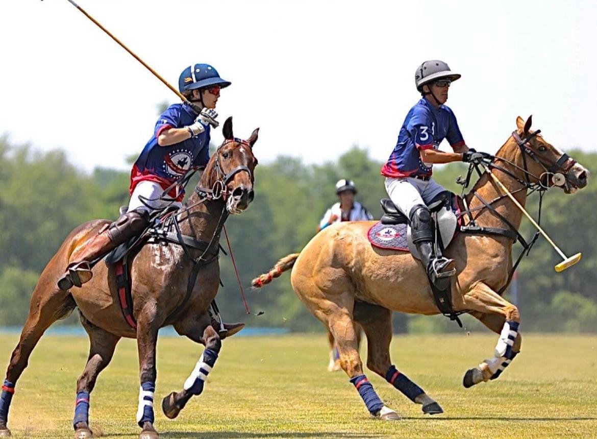 Two polo players on horseback.