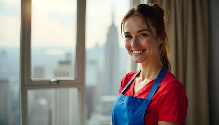 Smiling Sparkly Maid NYC cleaner with the Manhattan skyline behind her