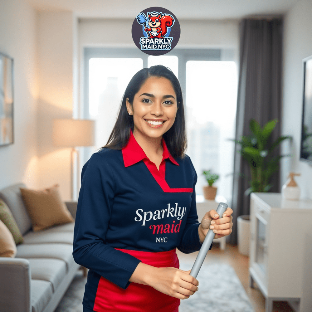 Friendly Sparkly Maid NYC cleaner in uniform ready to clean a New York apartment