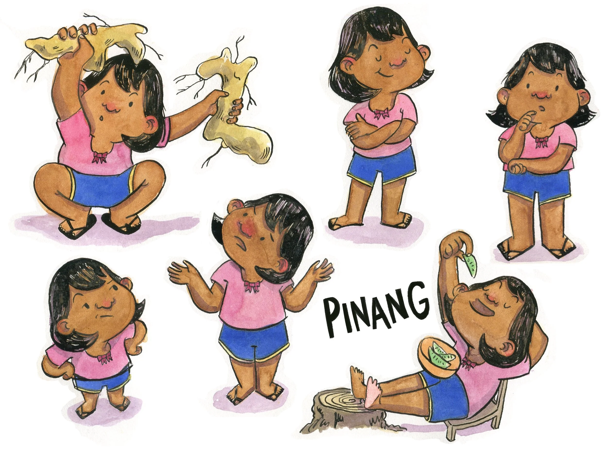 Character Sheet illustration  in pen and ink and watercolor of of a young girl with black hair wearing a pink shirt and blue shorts, playing with ginger, eating snacks and in other action poses.