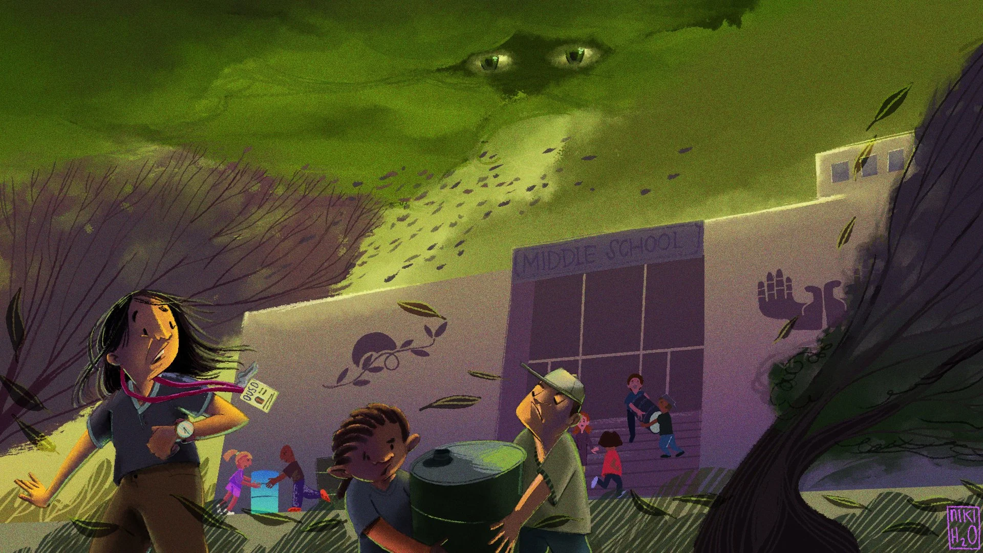 An animated scene of a middle school with a large storm cloud overhead that has eyes, looks angry. Students and teachers are outside, in action, as leaves and debris swirl around. Water collection drums are visible.