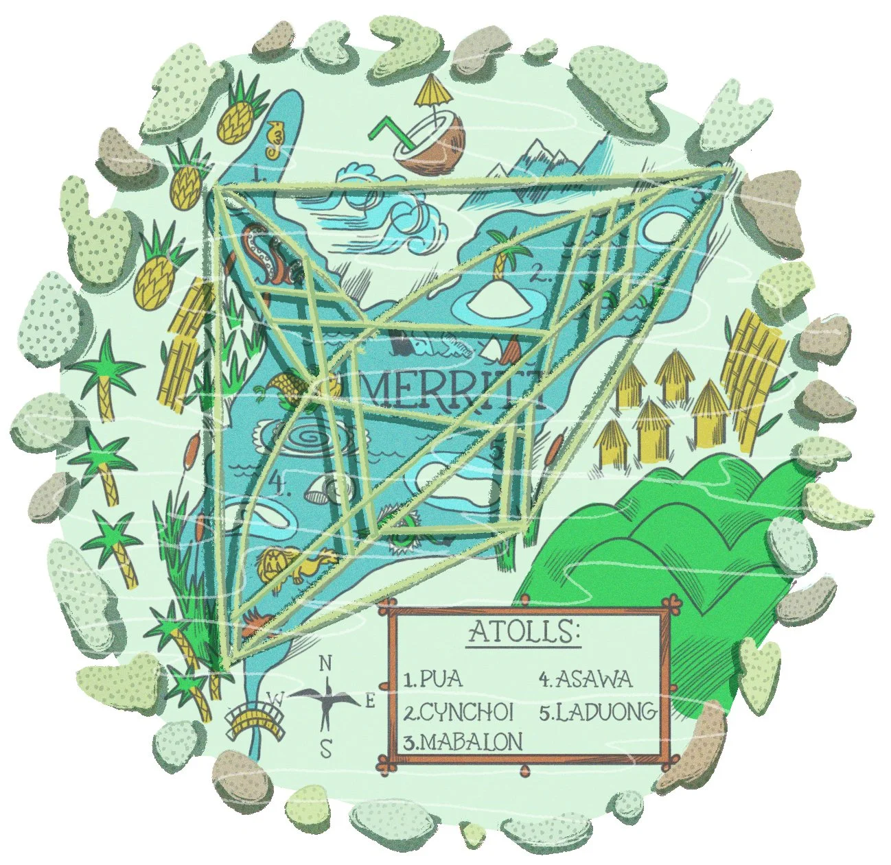 A colorful illustrated map of an underwater world, featuring islands, mountains, water bodies, and vegetation. Surrounding the map are rocks, palm trees, and huts. A legend lists five atolls: Pua, Cyunchoi, Mabalon, Asawa, and Ladung.