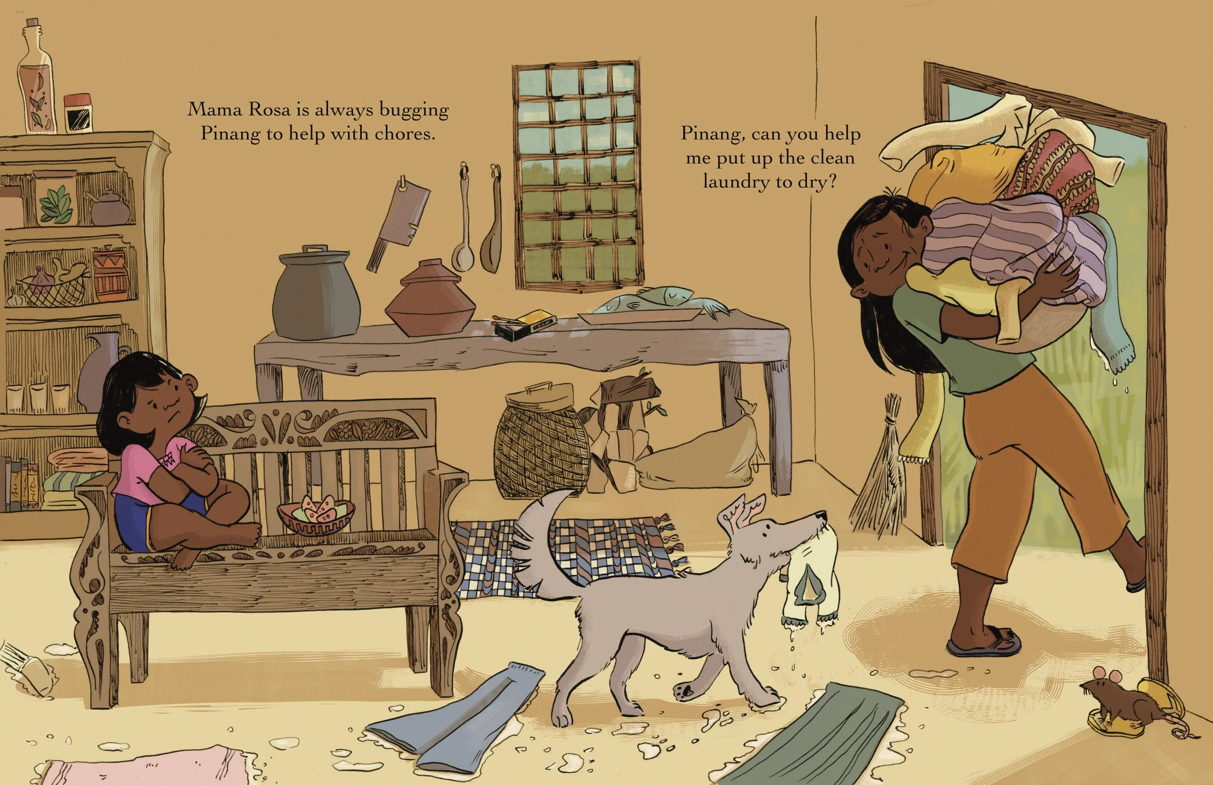 Illustrated storybook scene of a mom carrying laundry while her daughter sits on a chair, unhelpful. A dog helps the mom carry laundry. Text has mom asking the daughter to help put the clean laundry up to dry.