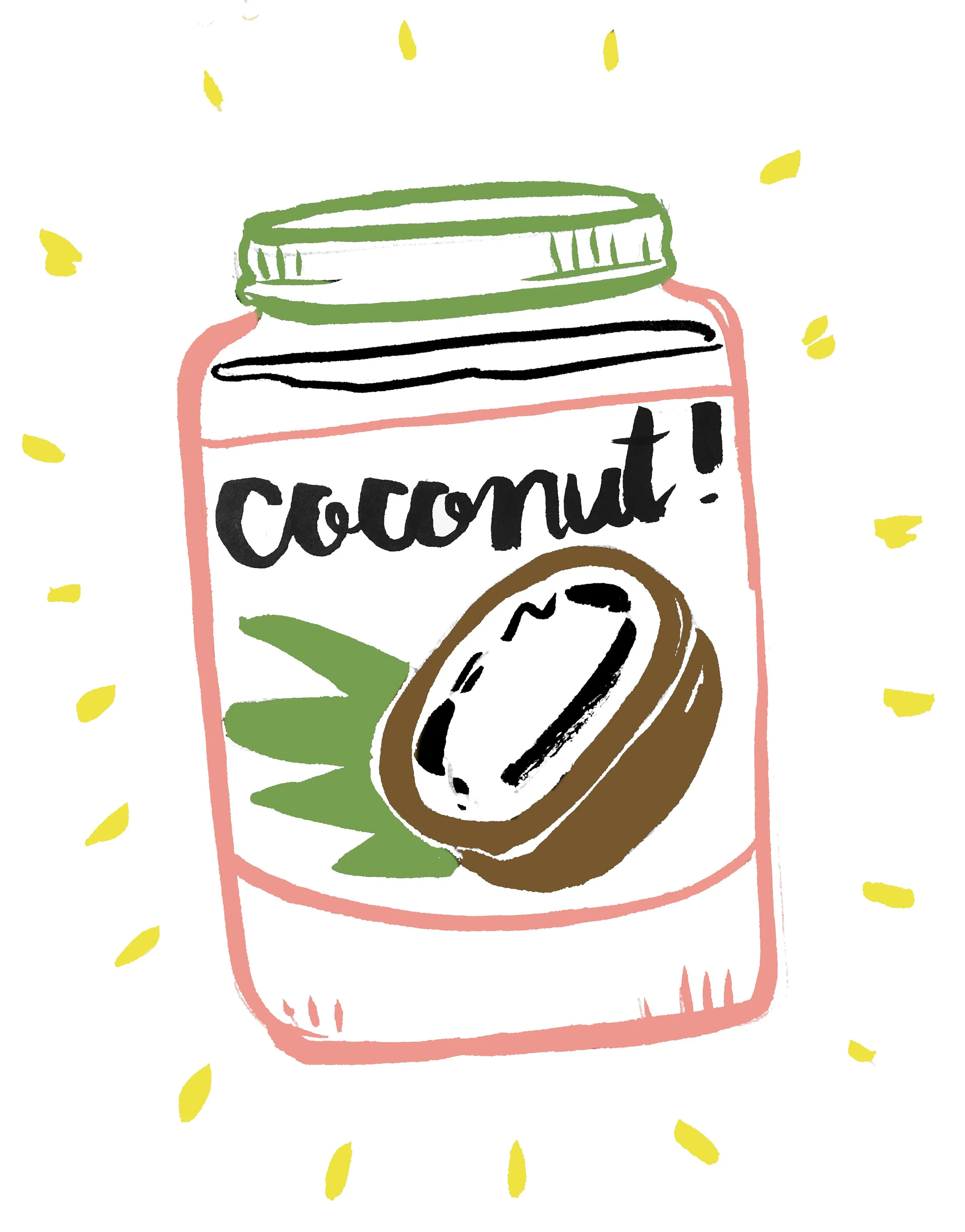A hand-drawn illustration of a jar labeled 'coconut' with a coconut half on the front, surrounded by a yellow starburst.