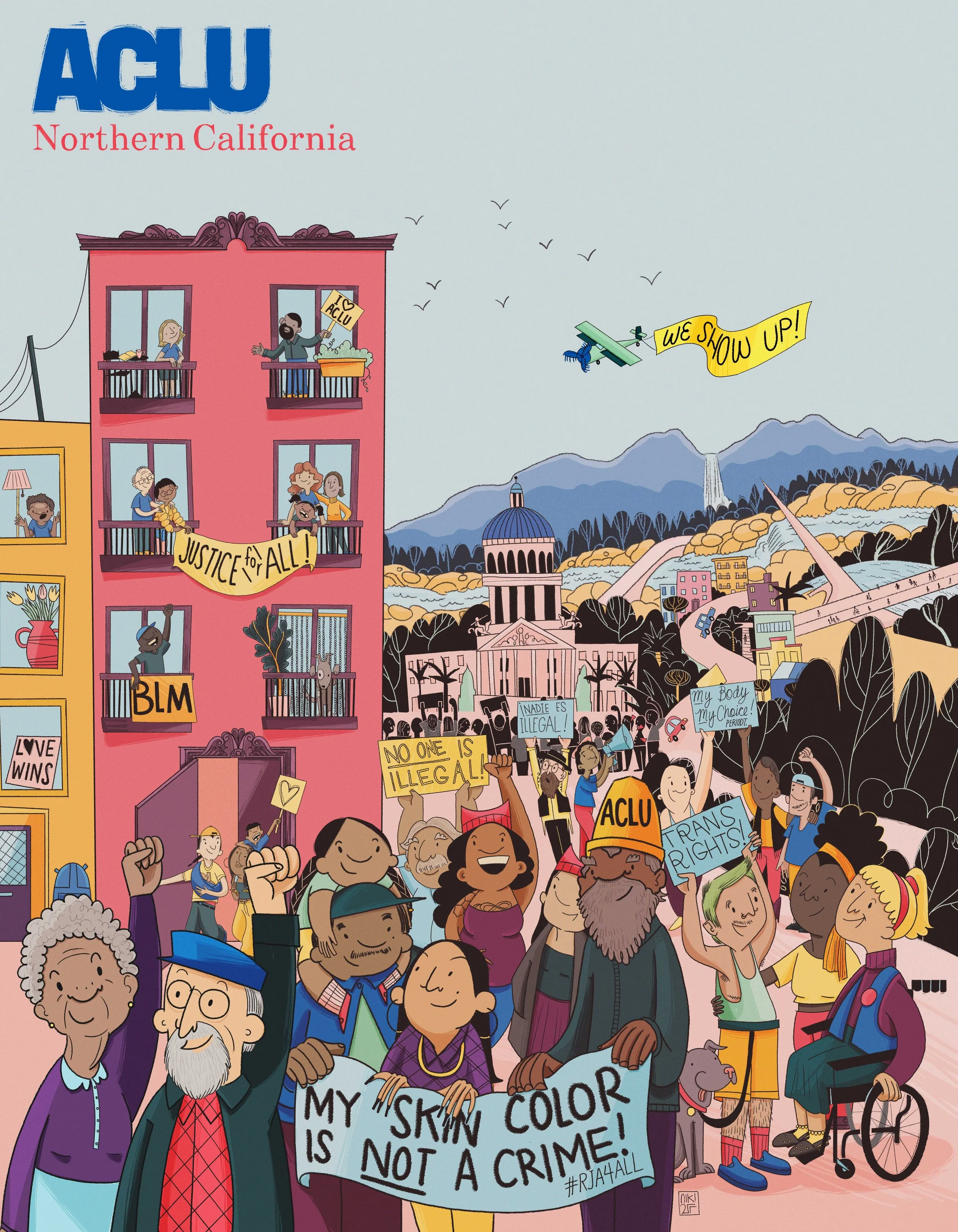 ACLU of NorCal Cover art for Annual Report art - Crowd of diverse protesters holding signs, including one that says 'My skin color is not a crime,' demonstrating for racial justice and equality, with NorCal cityscape and mountains in the background.