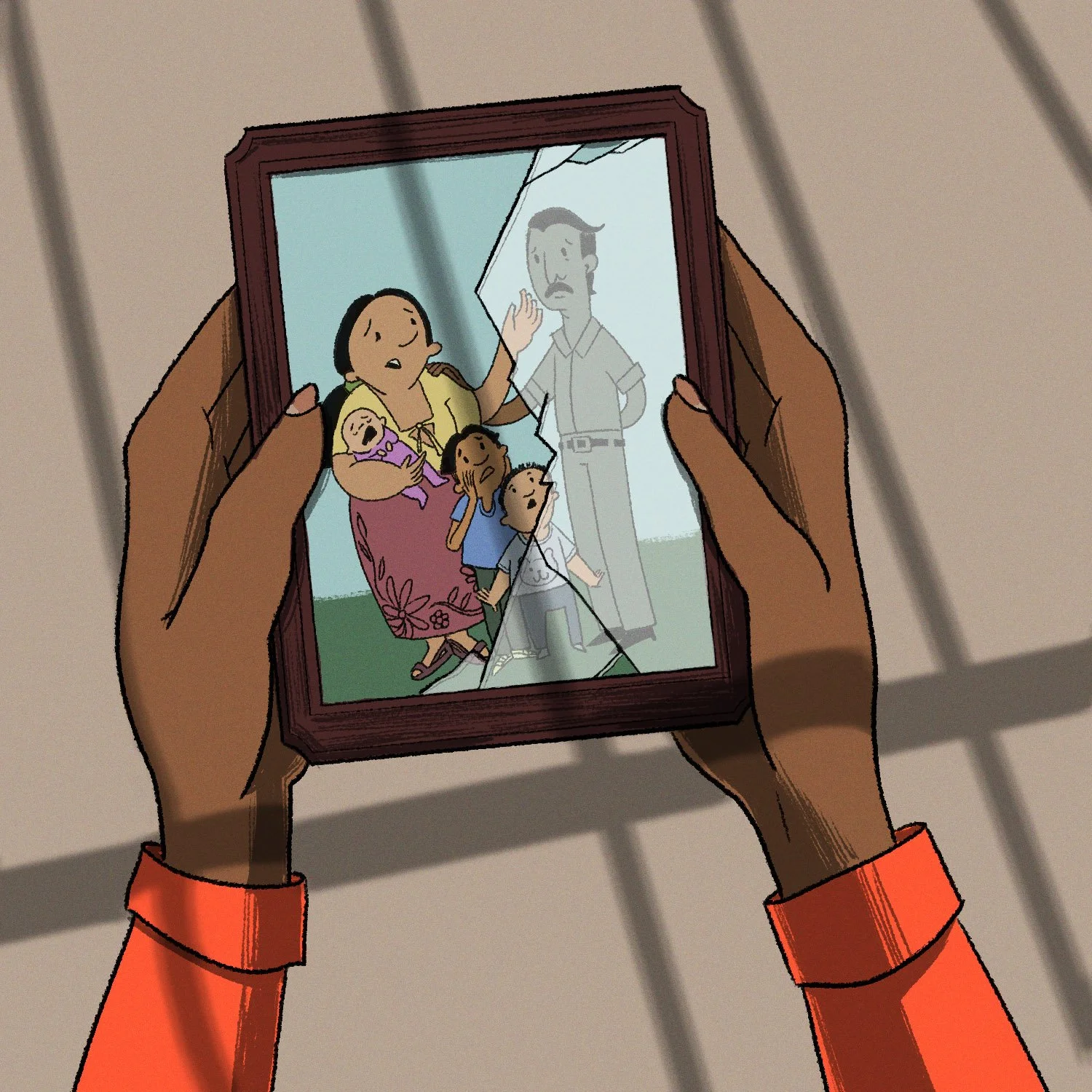 ACLU of NorCal editorial art of an imprisoned man. His hands hold a broken photo of him with his family.