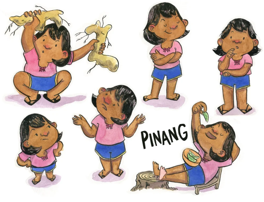 A character sheet of a little Filipina girl, Pinang. She is playing with garlic, eating, and in different poses.
