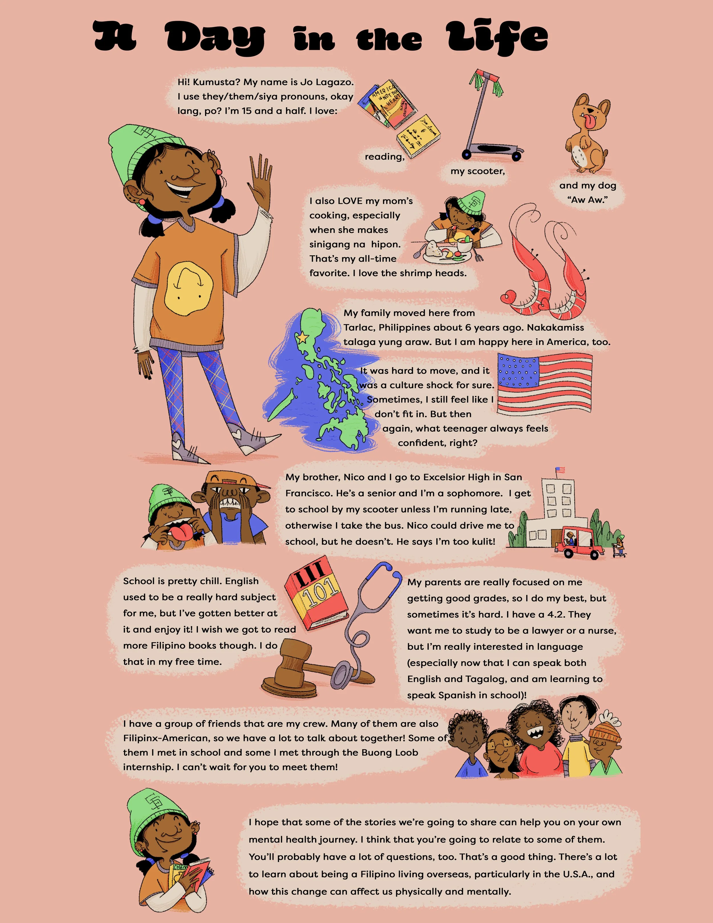 A colorful illustrated page titled 'A Day in the Life' featuring a girl wearing a green beanie, a shirt, and plaid pants, surrounded by drawings of books, a scooter, a dog, an American flag, a gavel, and a stethoscope. The page contains text sharing personal stories about her interests, family, school, and cultural background.