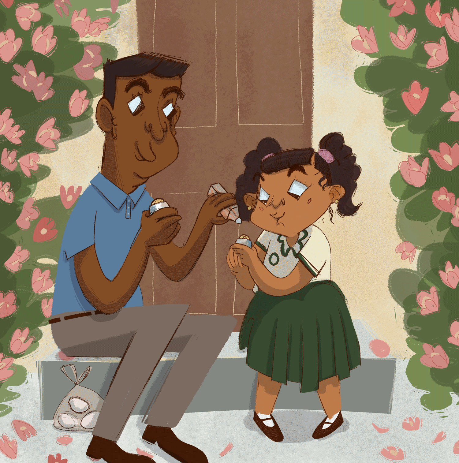 A gif of a man giving his daughter a balut on their front porch, with bougainvillea surrounding them.