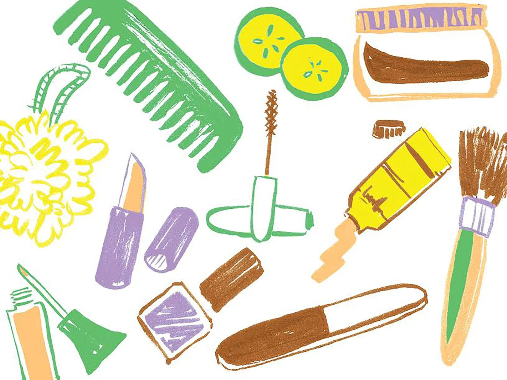Colorful sketch of various personal care and beauty items, including a comb, lemon slices, a jar, lipstick, a tube, a brush, and other toiletries, illustrated in a pastel, crayon-like style.