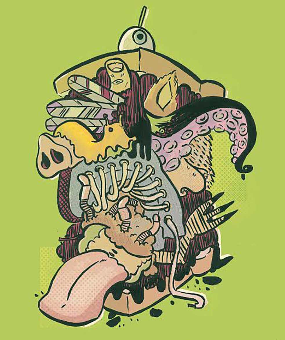 A colorful, abstract illustration of a "gross sandwich" containing items such as eyeballs, pig snouts, tongue, a boot, and octopus tentacles.