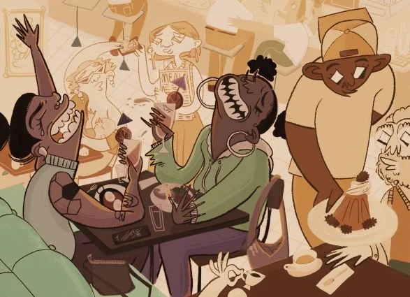People laughing and enjoying coffee at a lively cafe, with some holding cups and talking.