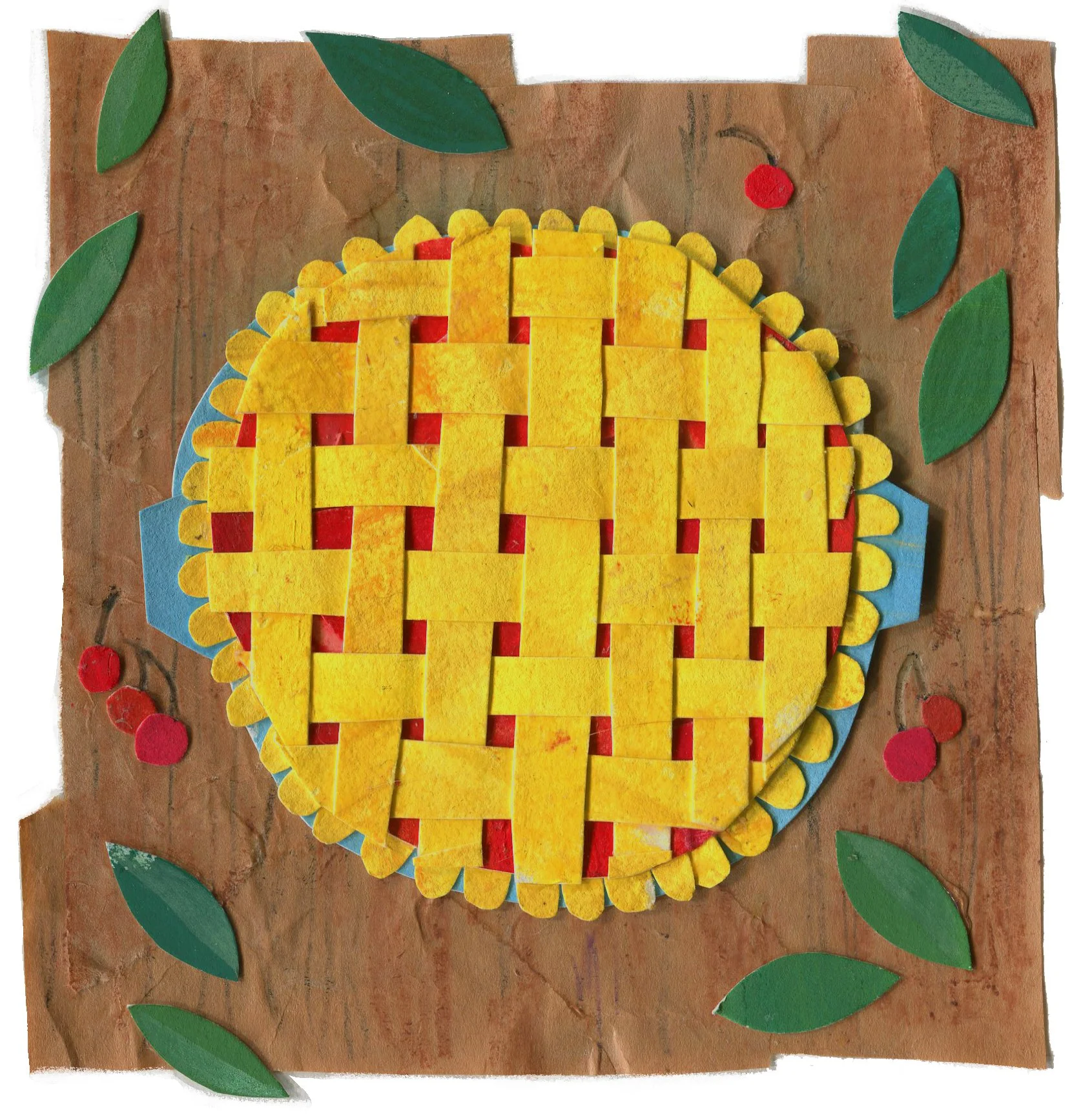 A colorful collage of a cherry pie, surrounded by  green leaves and red cherries on a brown textured background.