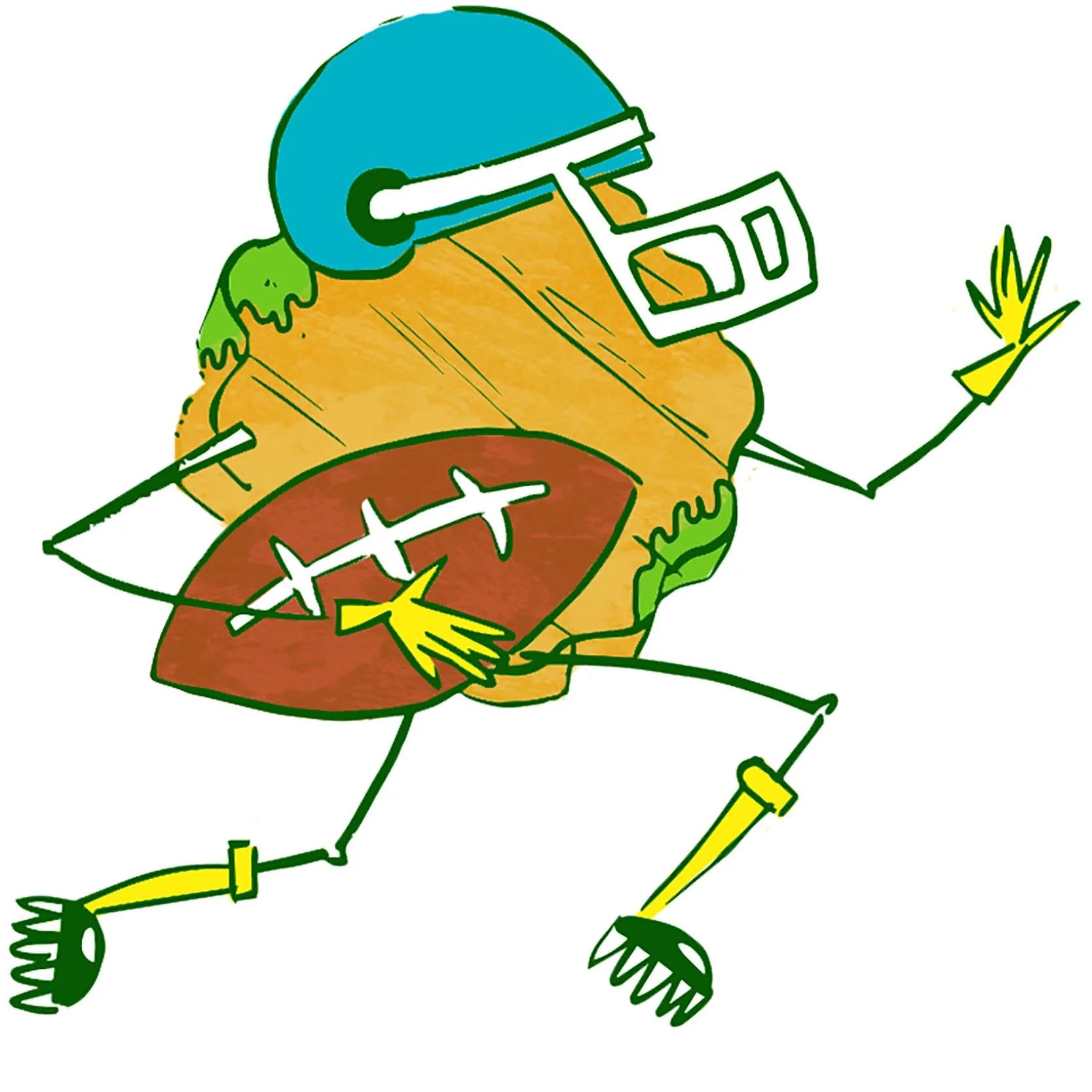 A cartoon illustration of a fried pickle wearing a football helmet running with a football.