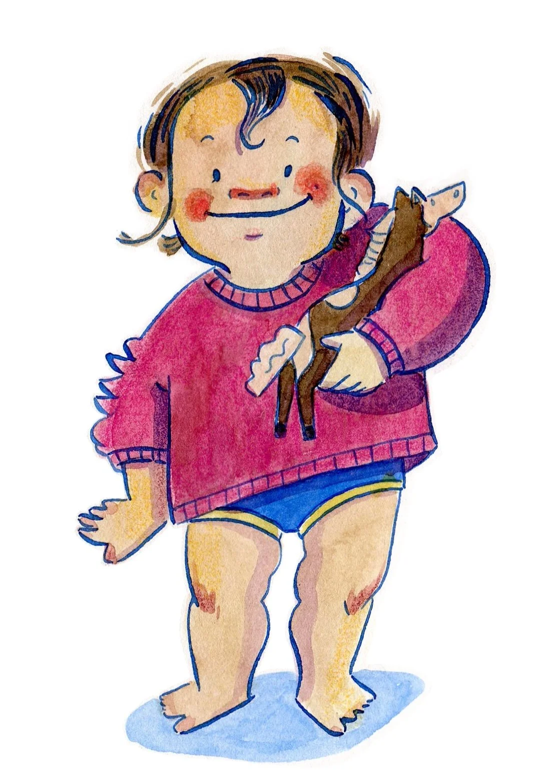 A character study in watercolor and pen and ink of a young child with brown hair, rosy cheeks, wearing a pink sweater and blue shorts, holding a small horse toy.