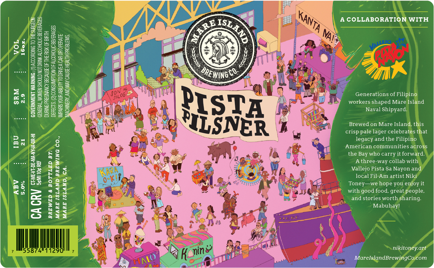 Colorful illustration of a lively outdoor festival with Filipino workers and community members celebrating at Mare Island Naval Shipyard, featuring food trucks, music, and various vendors, with a green banner on the right and the Mare Island Brewing Co. logo at the top.
