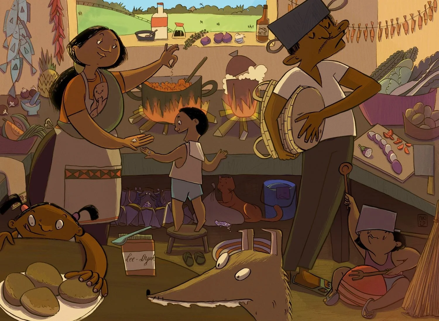 Illustration of Filipino rustic kitchen and a family interacting with each other. Mom with baby wrapped on her body, gives her son spices, dad and daughter bang on kitchen utensils like instruments, another daughter reaches for bread with dog nearby.