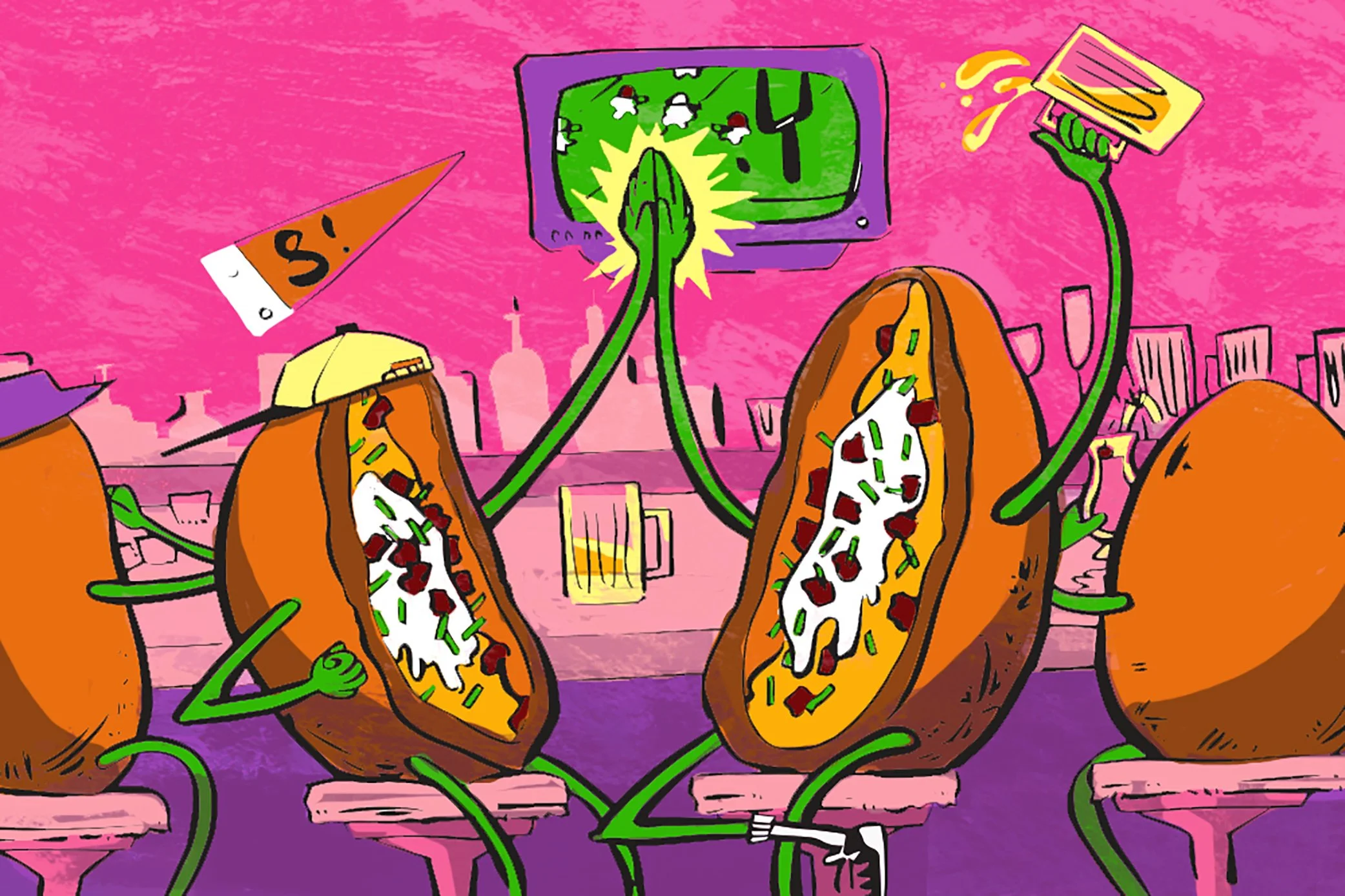 Cartoon loaded potato skins sitting at a bar watching a television. The characters are drinking beer. The background features a pink bar.