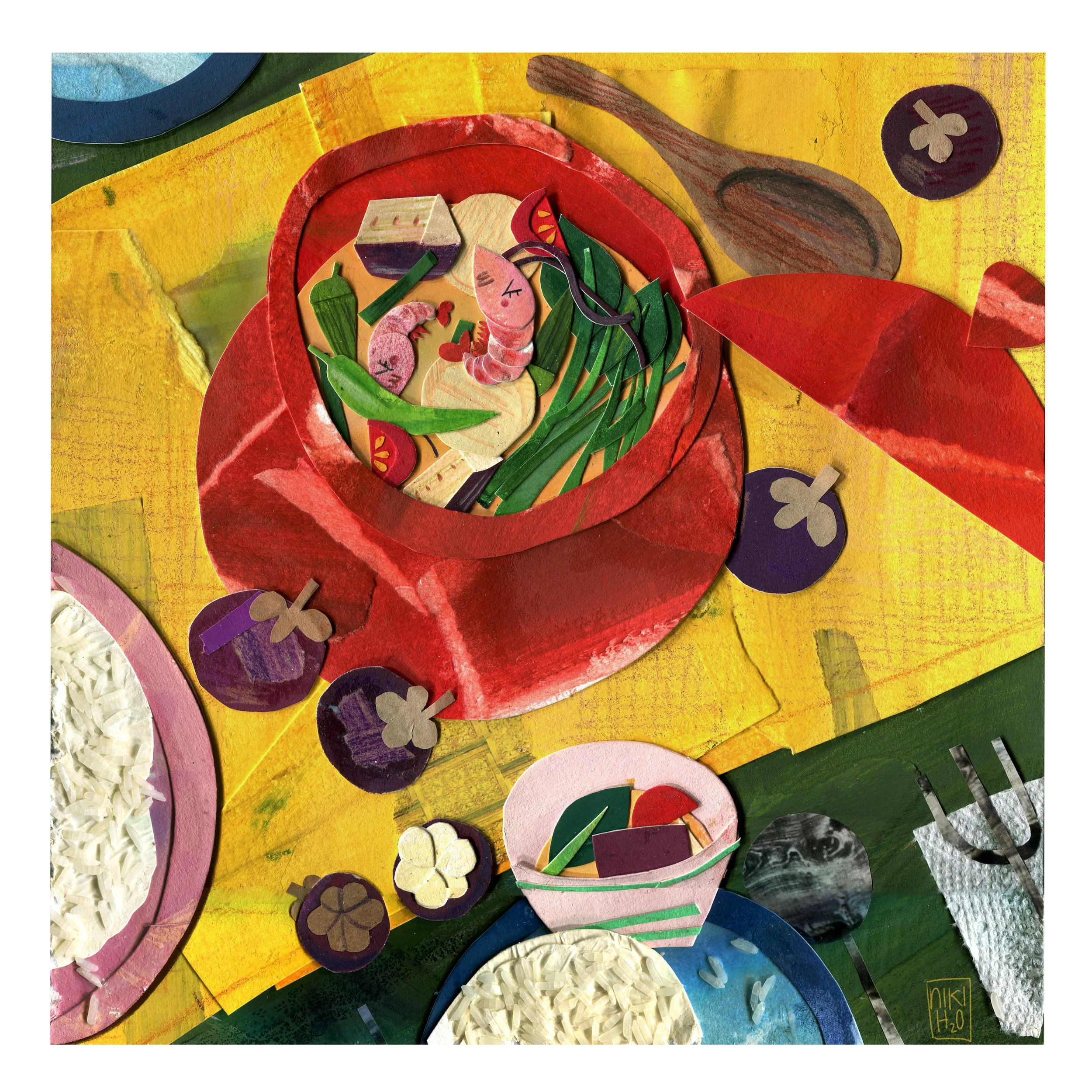Colorful collage artwork of a clay pot with Filipino dish sinigang na hipon, bowl of rice, mangosteen, spoon and fork, plate and ladle.