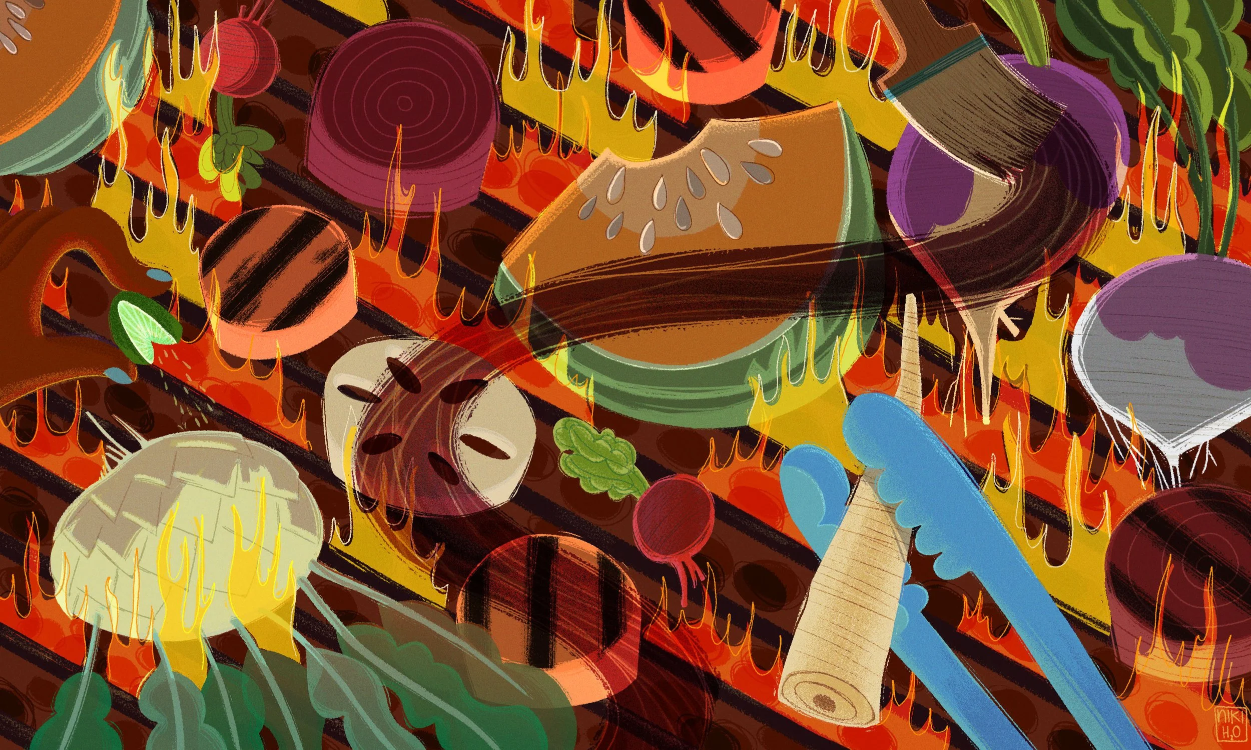 Colorful editorial illustration for Eater Magazine of a colorful abstract artwork featuring various slices of root vegetables like kobocha squash, turnip, kohlrabi,  parsnips, beets, on a grill with fire, tongs and glaze.