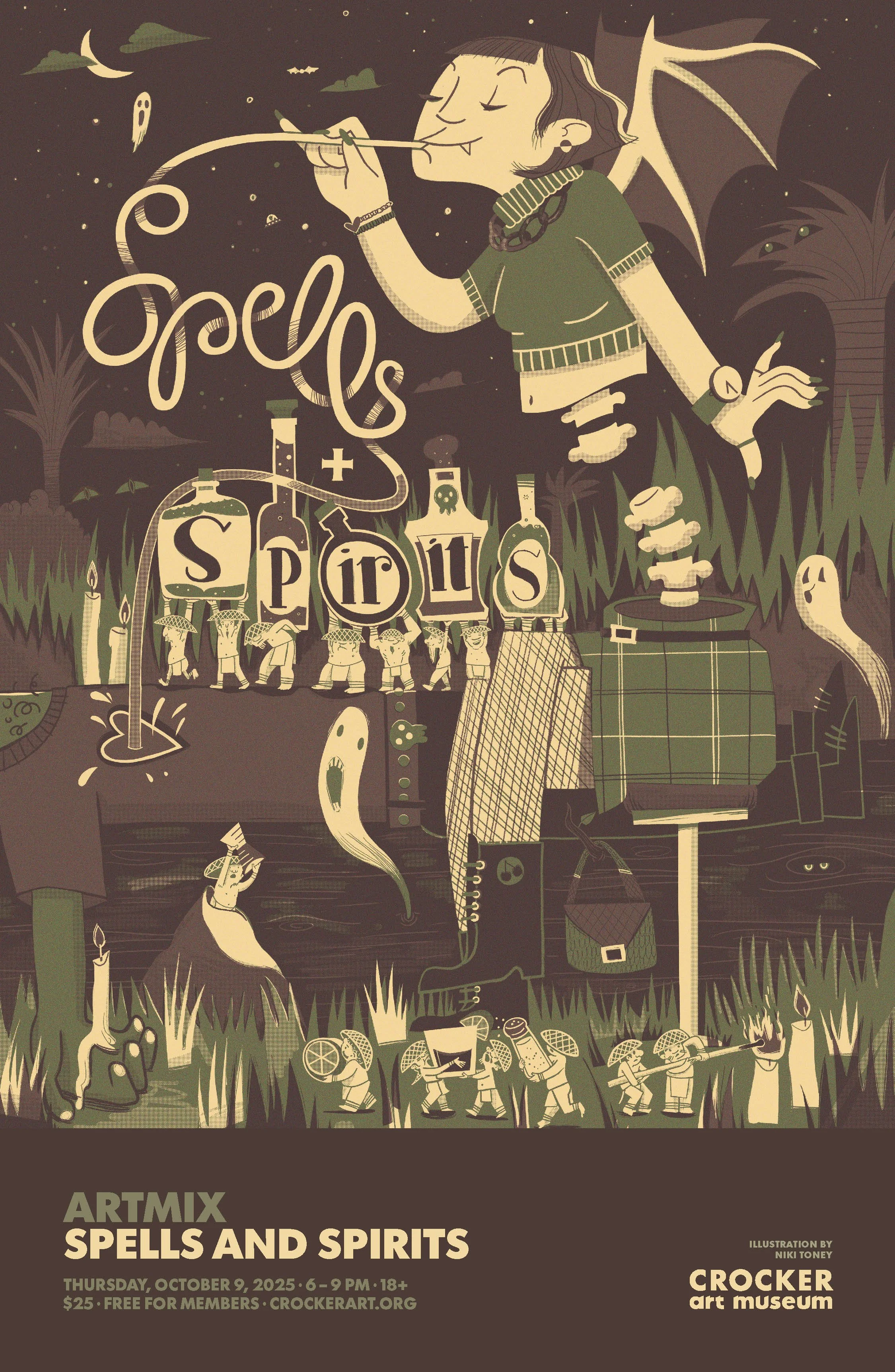 Illustration of a whimsical scene with Filipino folklore manananggal (vampire), and dwende. The scene includes jars labeled 'Spirits' and the text 'Spells and Spirits' with event details at the bottom for an event at the Crocker Art Museum.