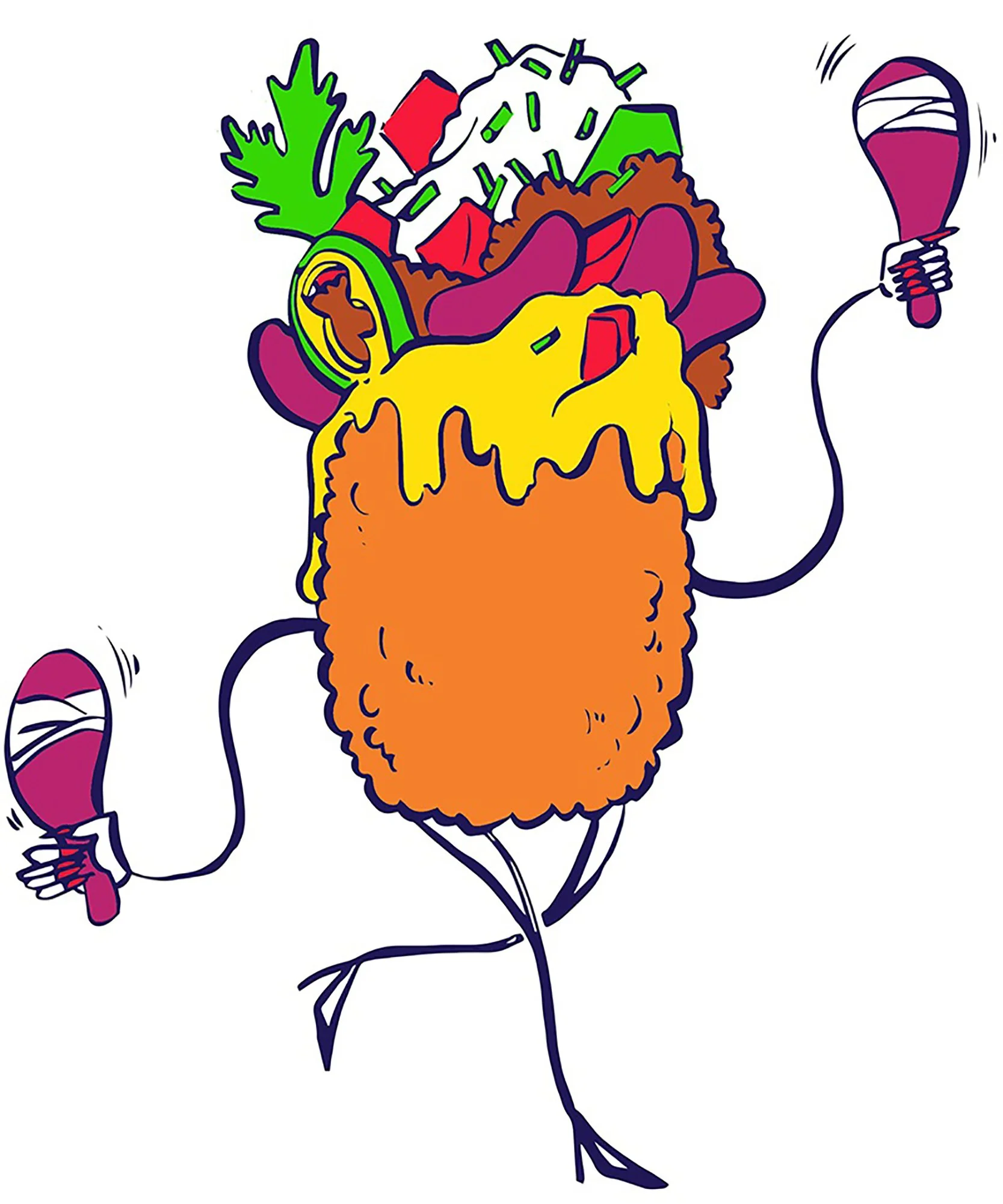 Illustration of a tater tot maraca dancer, with a headdress made of beans, sour cream, nacho cheese and other nacho toppings, holding and shaking marraccas.