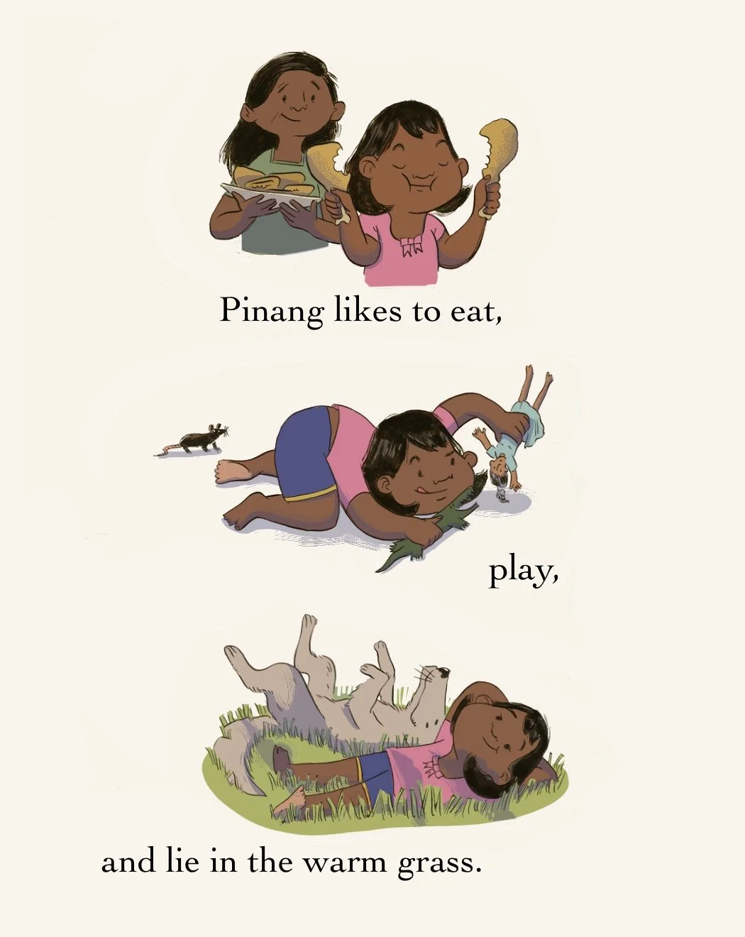 Three spot images focusing on a little girl firstly eating chicken drumsticks with her mom behind her holding a plate of chicken, then playing with her toys, then lying in the grass with her dog.