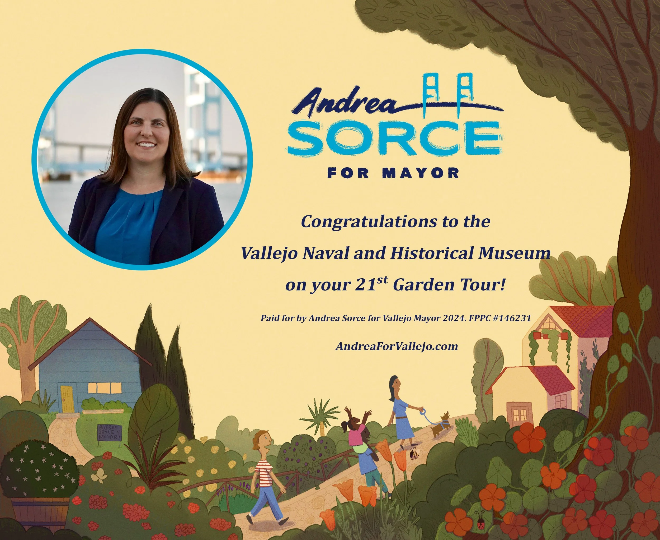 Advertisement illustration for Andrea Sorce (Mayor of Vallejo, CA) smiling in a blue blouse and dark blazer, with a background of trees, houses, and children playing in a garden scene, for 21st Garden Tour.