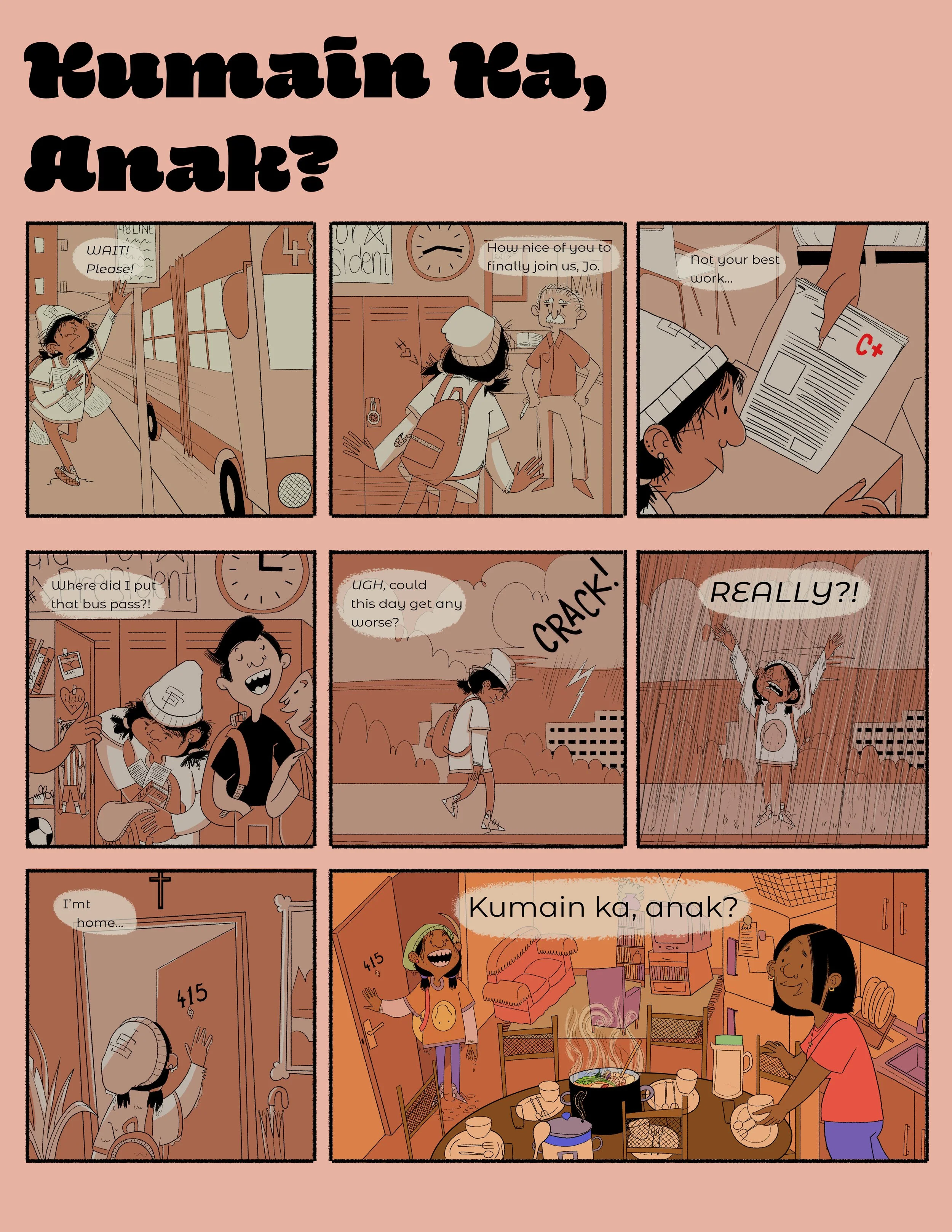 A comic strip depicting a young girl missing the bus, arriving late to school, receiving a C on her paper, losing her bus pass, and walking home in the rain. The comic also shows her being comforted by her mother at home.