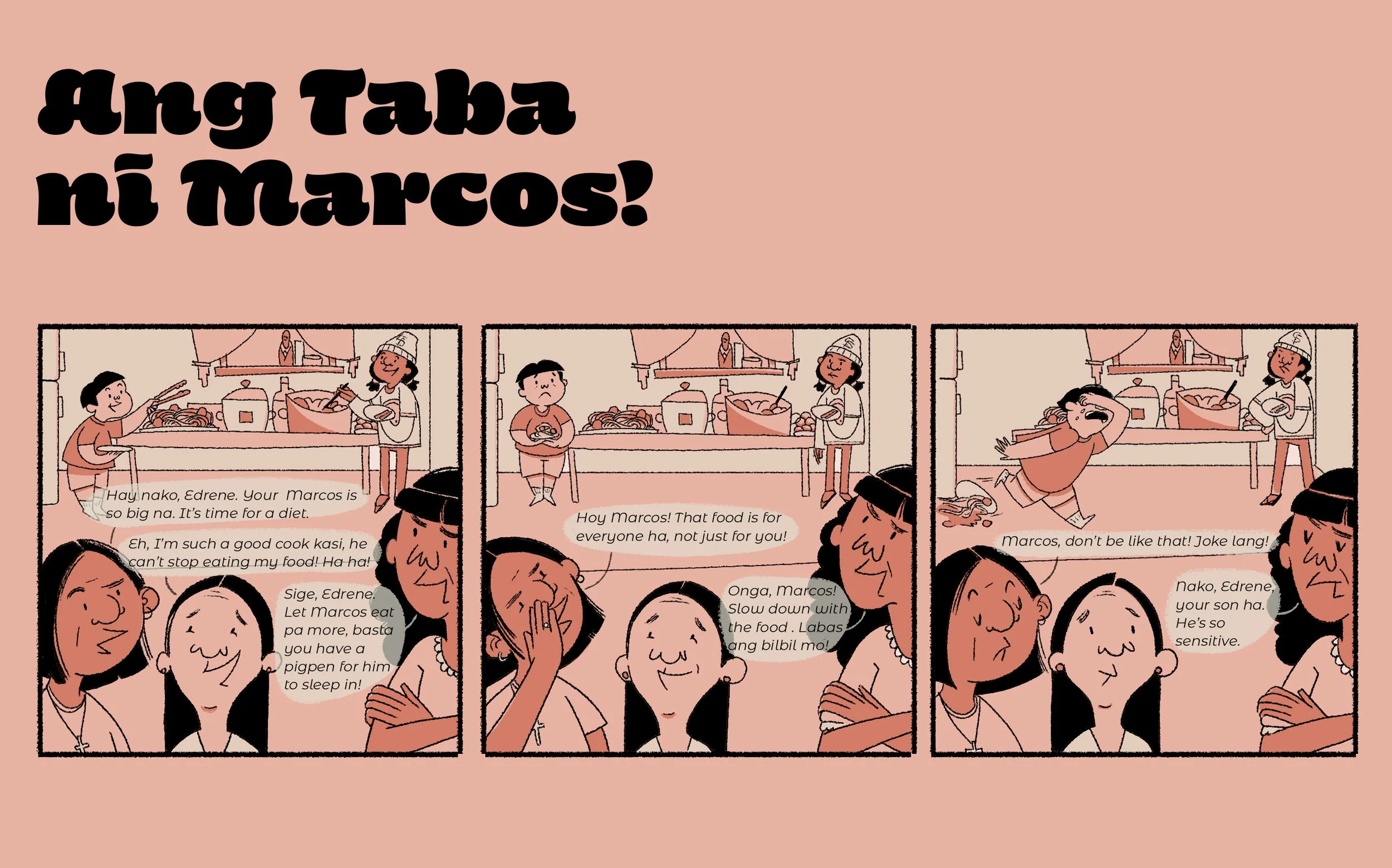 Comic strip showing a family at a family gathering with food, with two mothers judging Marcos's eating habits with his mom, and Marcos overhears the conversation and leaves the room crying.