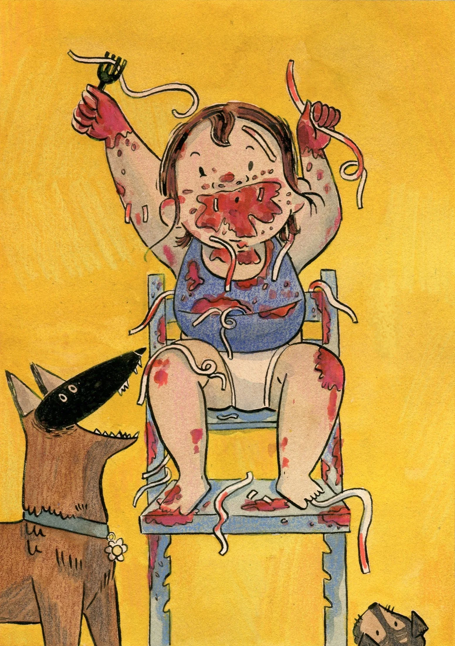 A character study in watercolor and pen and ink of a young child with messy hair, sitting on a booster seat, eating spaghetti messily with two dogs nearby, all set against a yellow background.