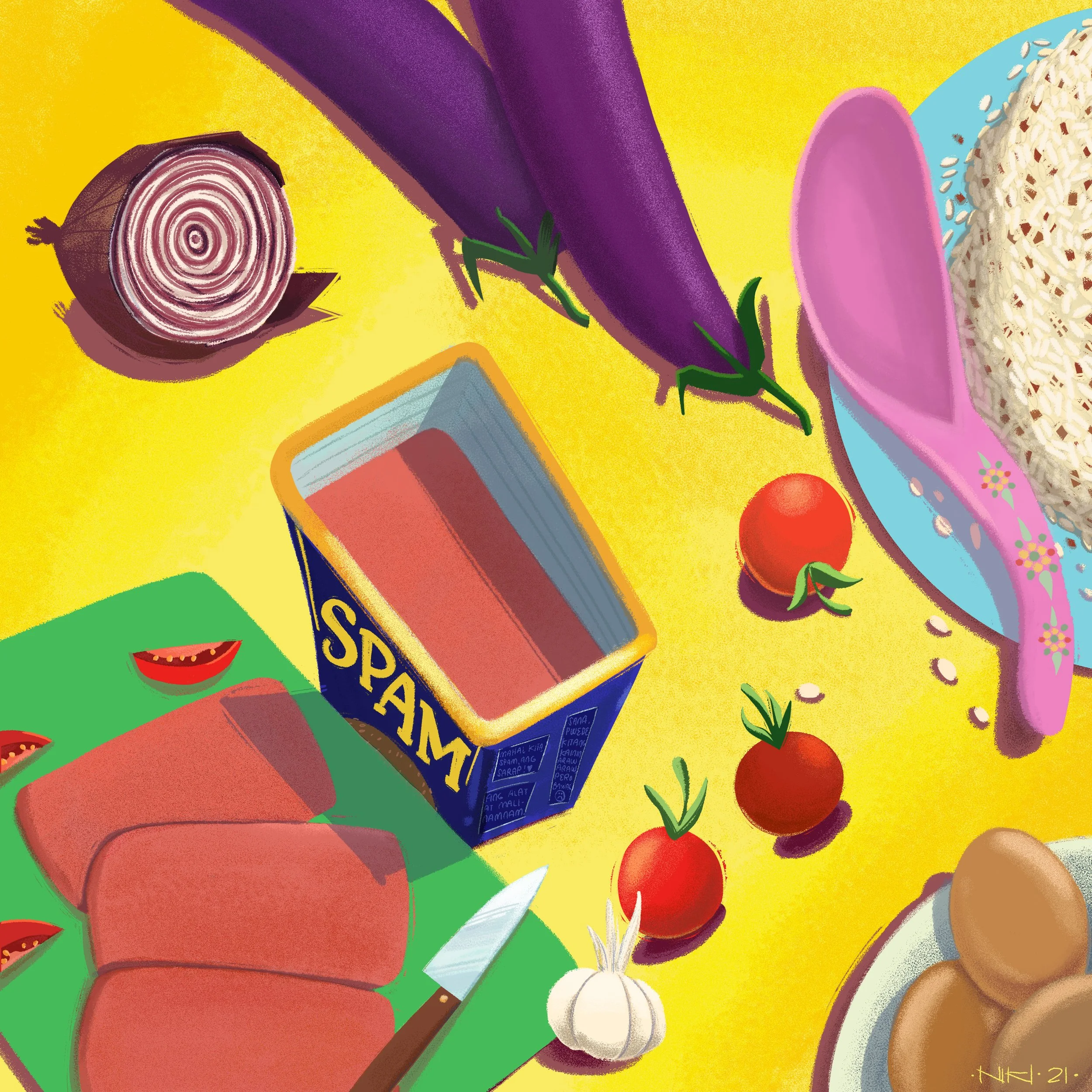 Colorful digital illustration of various vegetables, including a sliced red onion, purple eggplants, cherry tomatoes, an onion, and rice on a plate, with bright yellow and green backgrounds. A can of spam, with spam slices are at the bottom-left.