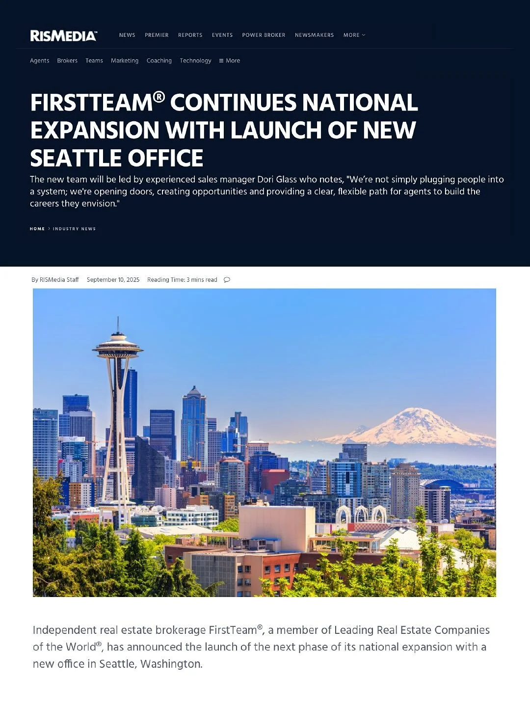 RISMedia announces FirstTeam®’s expansion into Washington with the launch of our new Seattle office! Led by Dori Glass and the Six Degrees Team, this move brings our agent-first model and ‘Behind the Agent™’ philosophy to