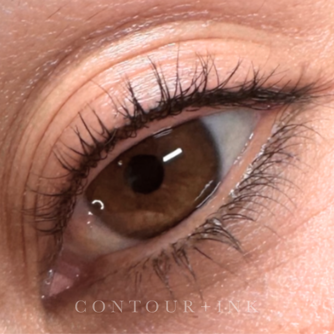 Close-up of a brown human eye with visible eyelashes and skin surrounding the eye.