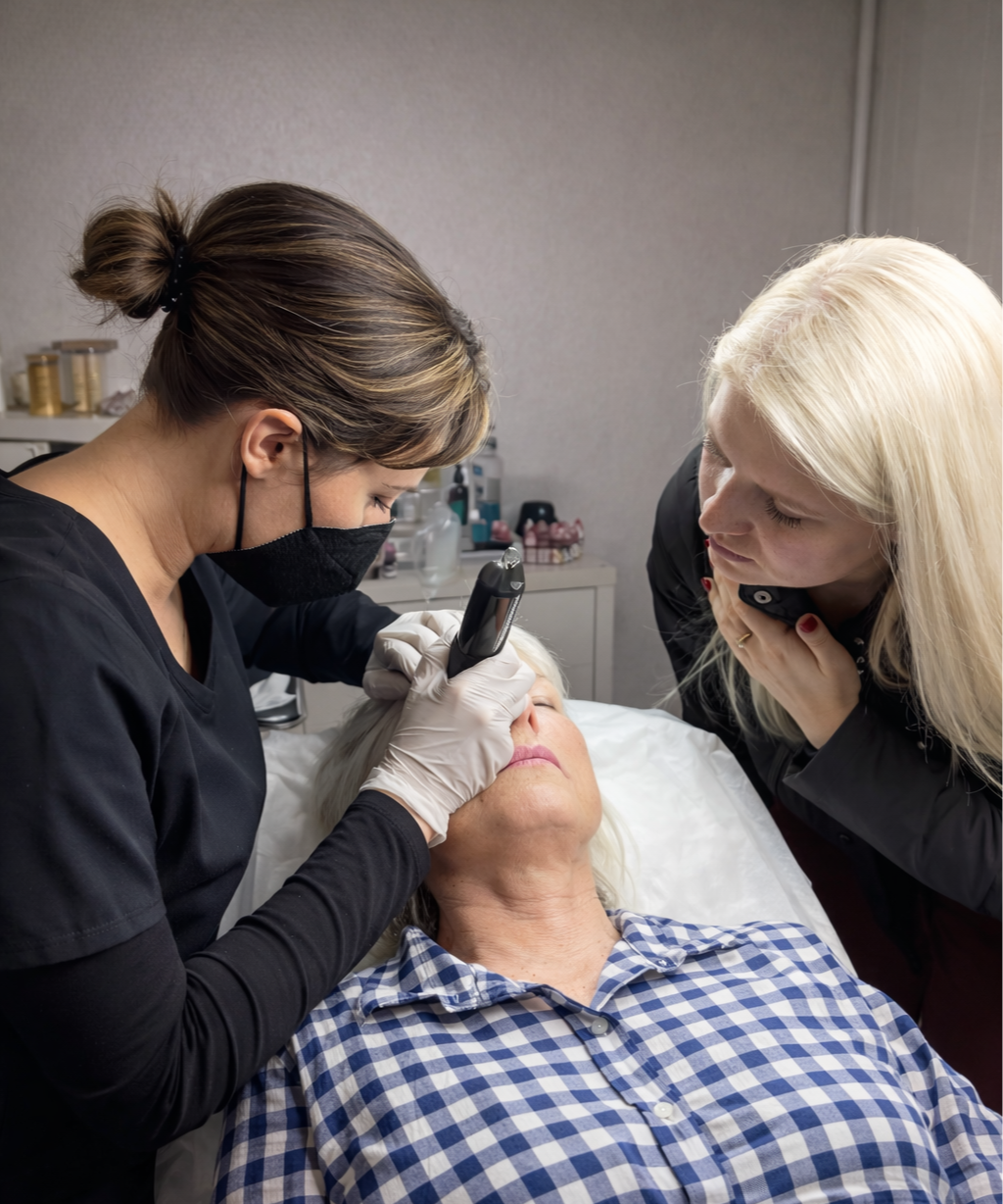A woman receiving a cosmetic procedure on her forehead from a professional in a clinical setting, while another woman observes closely.
