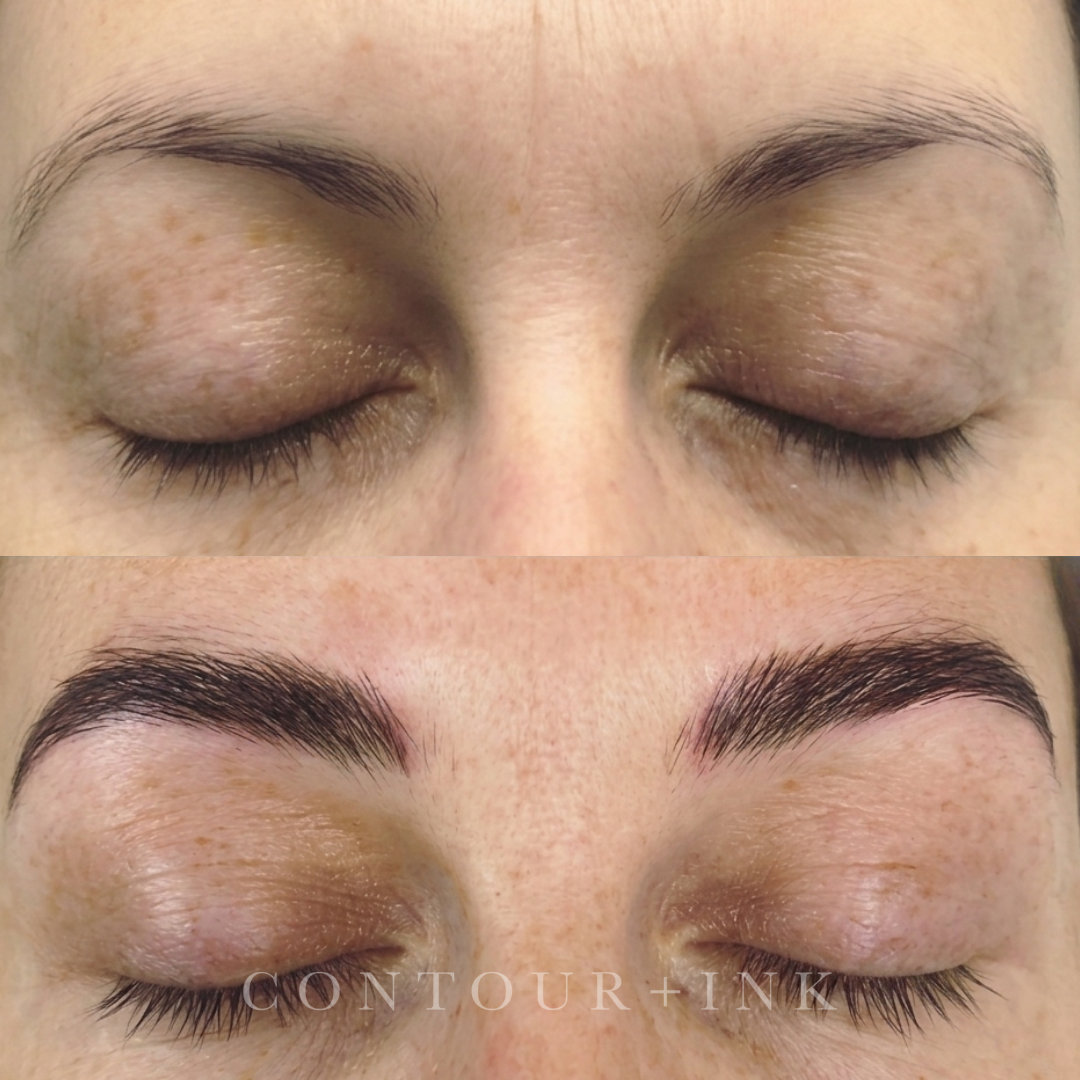 Close-up of a person's face with eyes closed, showing the transformation before and after eyebrow microblading procedure.