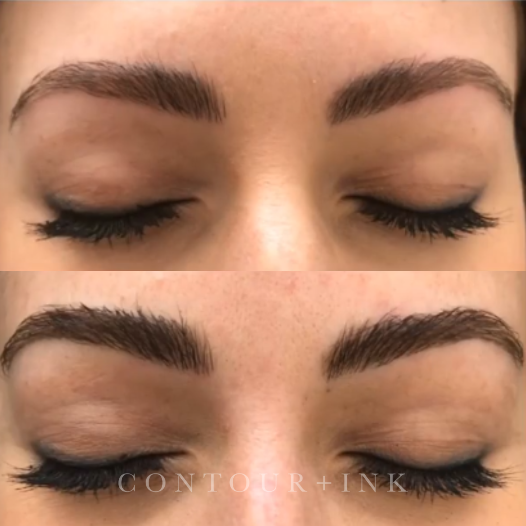 Close-up of closed eyes with well-groomed eyebrows and long eyelashes.